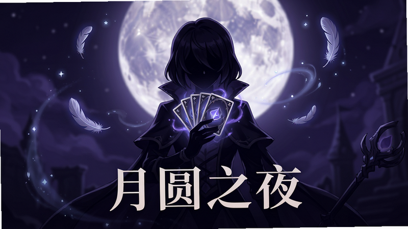 主体为手游《月圆之夜》的高清宣传海报,布局采用居中构图,背景为深邃的暗紫色夜空与朦胧的满月,前景展示一位手持卡牌的神秘角色剪影,排版简洁大气,风格为精致的2D手绘插画风,细节处包含飘落的羽毛与魔法光效,画质4k超清,画面干净,无多余水印元素,文字“月圆之夜”以优雅的衬线字体居中显示于画面下方,色调冷艳神秘