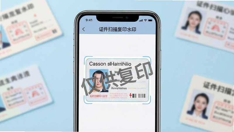 主体为一部竖屏智能手机,屏幕中央显示“证件扫描复印水印”应用界面,界面清晰展示一张正在被扫描的身份证图像,图像上方叠加半透明的“仅供复印”灰色大字水印,背景为简洁的浅蓝色办公桌面,周围散落着几张模糊的纸质证件,整体风格为现代扁平化UI设计,排版整洁,细节清晰,8k高清,无多余元素