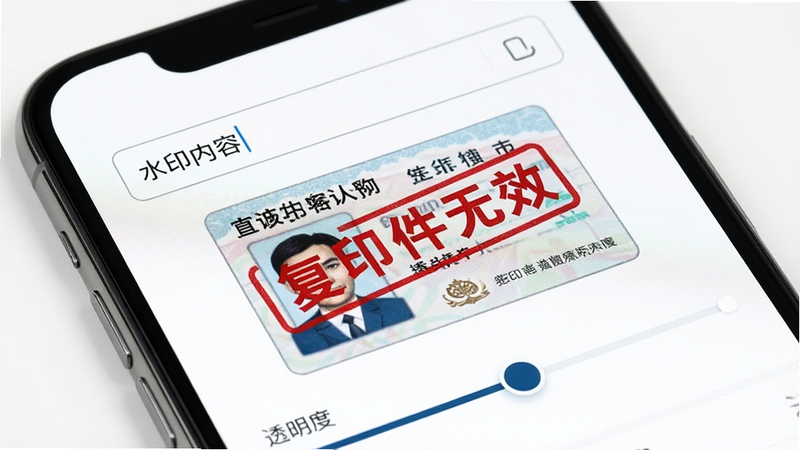 主体为手机屏幕特写,显示水印设置界面,包含“水印内容”输入框和“透明度”滑块,屏幕上预览图显示一张驾驶证,上面覆盖着红色的“复印件无效”字样,背景为白色,风格简约科技,排版居中,细节精致,4k画质,干净无杂物