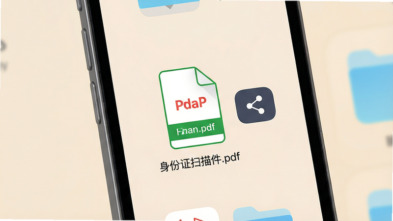 主体为手机文件管理器界面,显示一个名为“身份证扫描件.pdf”的文件图标,图标旁有分享按钮,背景为柔和的米色,风格极简,排版清晰,细节丰富,高清晰度,无水印,无多余装饰