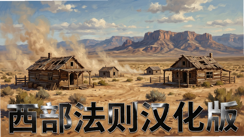 主体为西部荒野全景,布局为广角镜头,排版居中,风格为写实油画风,细节包含沙尘、破旧木屋、远处的山脉,画质4k高清,干净无多余元素,文字
