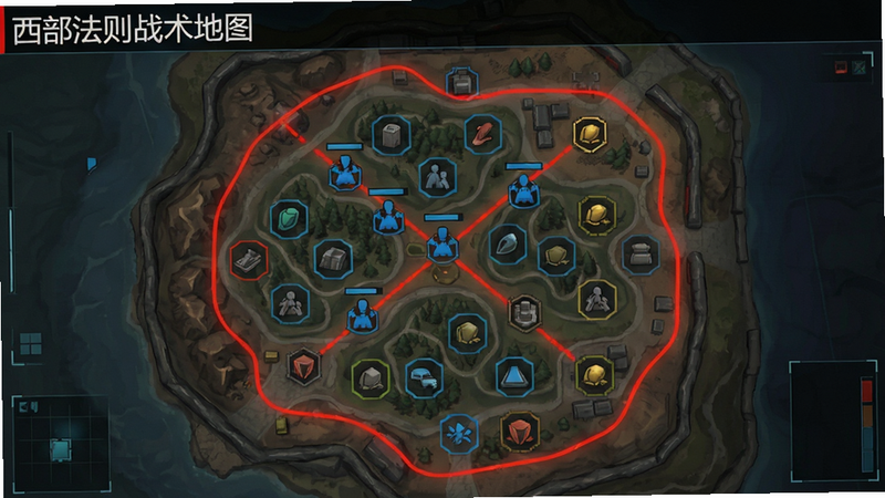 主体为游戏内战术地图界面,布局为俯视视角,排版清晰,风格为UI设计,细节显示红色警戒线、蓝色友军标识、资源点图标,画质清晰,干净,无多余元素,文字