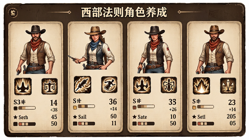 主体为角色属性面板,布局为卡片式排列,排版对称,风格为美式复古,细节显示角色立绘、技能图标、属性数值,画质高保真,干净,无多余元素,文字