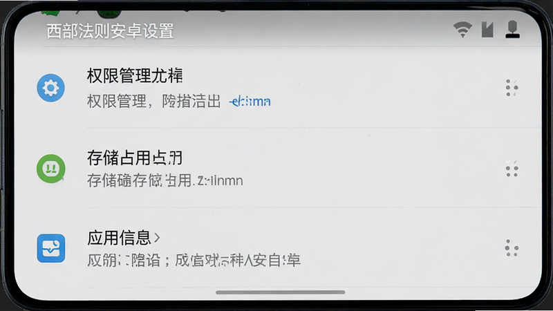 主体为手机设置界面截图,布局为列表式,排版整齐,风格为系统原生UI,细节显示权限管理、存储占用、应用信息选项,画质清晰,干净,无多余元素,文字