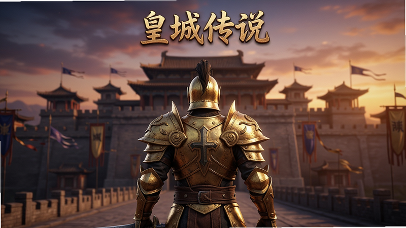 一张展示《皇城传说》游戏主界面的高清壁纸,主体是身穿金色铠甲的战士角色背影,面向远处宏伟的古代皇城,天空呈现黄昏色彩,布局中心对称,排版大气,风格写实且带有史诗感,细节丰富如铠甲纹理,画质4k,干净,无多余元素