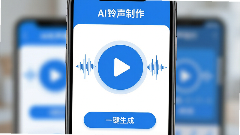 主体为手机屏幕特写,背景虚化,屏幕上显示“AI铃声制作”APP界面,界面中心是一个巨大的播放按钮和波形图,顶部有“AI铃声制作”标题,底部显示“一键生成”按钮,风格为现代扁平化设计,色彩以蓝白为主,细节清晰,画质高清,干净无多余元素