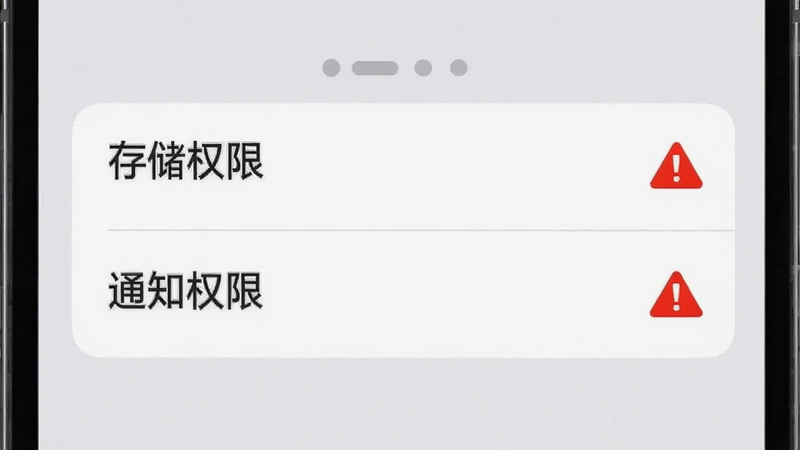 主体为手机设置界面截图,高亮显示“存储权限”和“通知权限”选项,旁边有红色警示图标,背景为浅灰色,风格为简洁UI设计,细节清晰,画质高清,干净无多余元素
