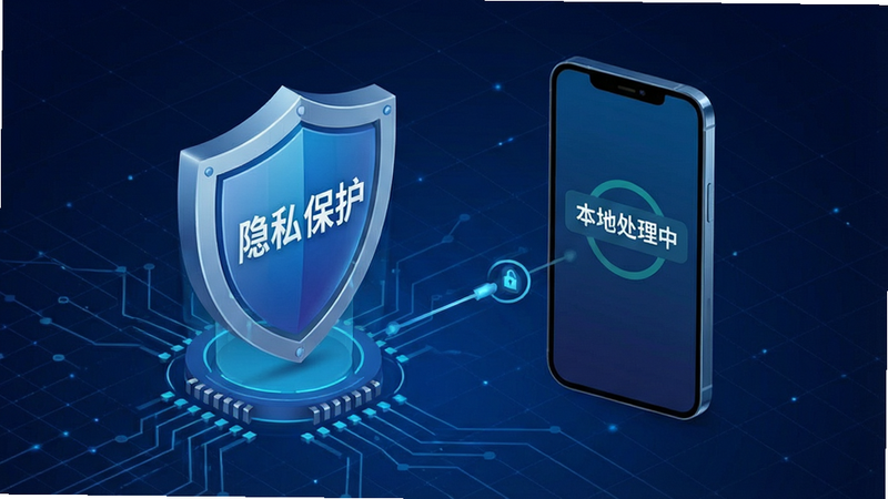 盾牌图标与手机连接的示意图,盾牌内写有“隐私保护”字样,手机屏幕显示“本地处理中”状态,背景为深蓝色科技感网格,布局居中,风格安全可信,细节精致,画质高,干净,无多余元素