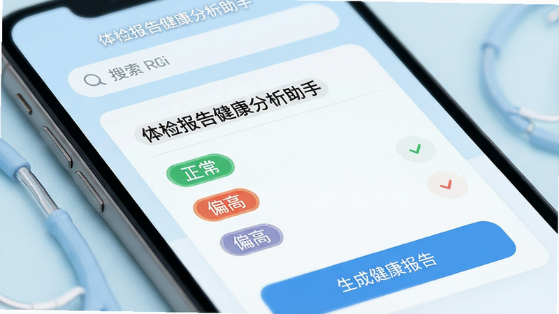 主体为手机屏幕特写,显示“体检报告健康分析助手”App界面,背景为柔和的淡蓝色医疗风格,布局清晰,顶部有搜索栏,中间展示一份已解读的体检报告,包含“正常”、“偏高”等彩色标签,底部有“生成健康报告”按钮,风格现代简约,细节丰富,画质高清,干净,无多余元素