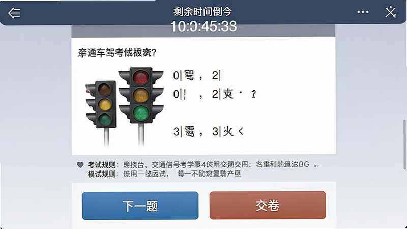 摩托车驾考学堂APP的模拟考试界面,主体为全屏答题区域,顶部显示剩余时间倒计时,中部为一道关于交通信号灯的选择题,底部有“下一题”和“交卷”按钮,布局紧凑,风格严肃专业,细节处有考试规则提示,画质清晰,干净简洁