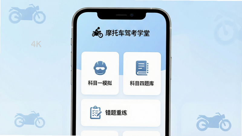 一张高清的手机应用界面展示图,主体为“摩托车驾考学堂”APP首页,布局采用卡片式设计,顶部显示软件名称Logo,中部展示“科目一模拟”、“科目四题库”、“错题重练”等核心功能入口,背景为淡雅的浅蓝色渐变,风格现代简约,细节处有摩托车图标点缀,画质4k,无多余元素,干净清爽