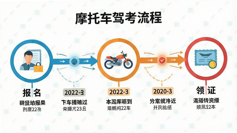 时间轴信息图,主体为摩托车驾考流程,从“报名”到“领证”五个节点,布局横向排列,每个节点有图标与简短说明,风格扁平化,色彩鲜艳,细节处有日期标记,画质清晰,无多余装饰