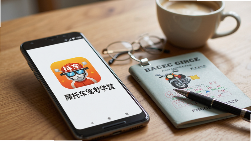 手机桌面场景图,主体为一部安卓手机,屏幕上显示“摩托车驾考学堂”APP图标,旁边放着一本摩托车驾驶证和一支笔,布局生活化,背景为木质桌面,风格温馨实用,细节处有咖啡杯虚化背景,画质高清,干净自然
