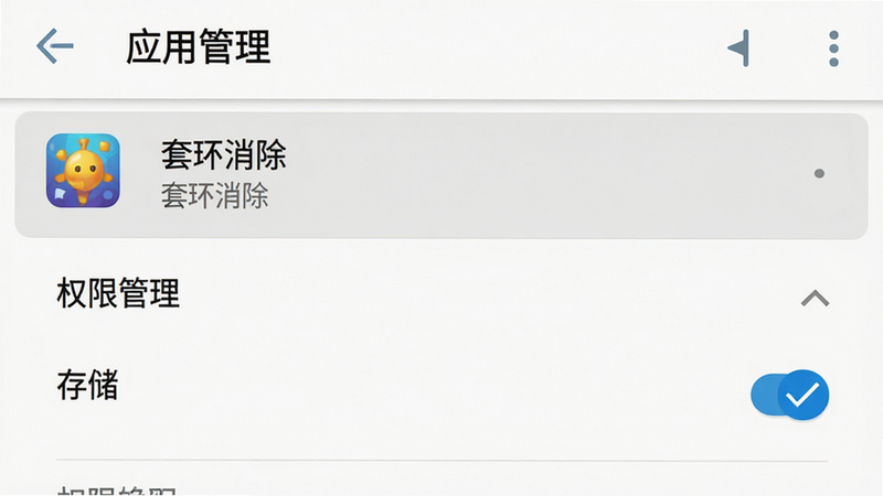 生成一张手机设置界面的示意图,主体为安卓系统的“应用管理”页面,高亮显示“套环消除”应用条目,下方展开“权限管理”选项,其中“存储”权限被勾选为开启状态,界面简洁明了,背景为白色,文字清晰可读,风格扁平化,细节展现系统UI的图标设计,画质高清,干净,无多余元素