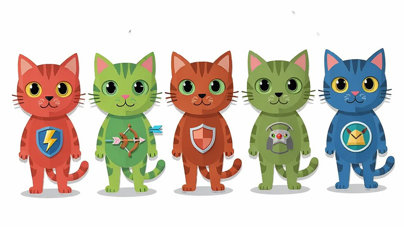 主体为五只不同颜色的卡通猫咪并排站立,每只猫咪身上有明显的技能图标标识,如闪电、盾牌、弓箭等,背景为纯白色,布局整齐排列,排版对称均衡,风格为扁平化设计,细节处有简单的阴影处理,画质清晰,干净,无多余元素
