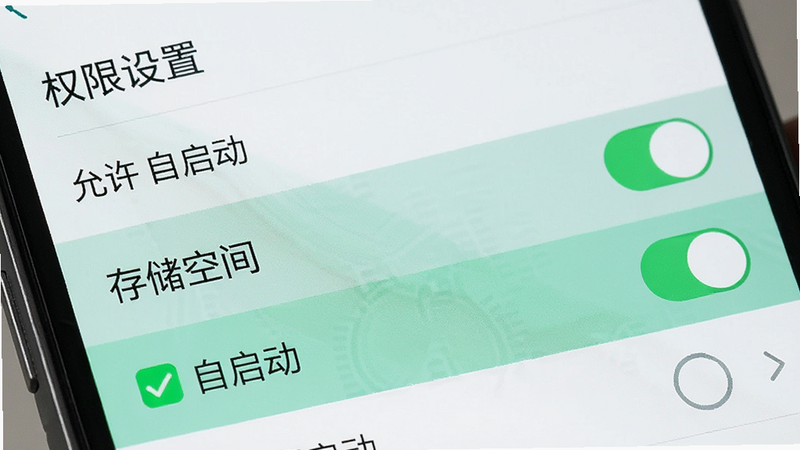 主体为手机设置界面特写,显示权限管理列表,其中“存储空间”和“自启动”选项被勾选,布局清晰,风格扁平化,细节展示开关状态,画质清晰,干净,文字包含“权限设置”、“允许自启动”