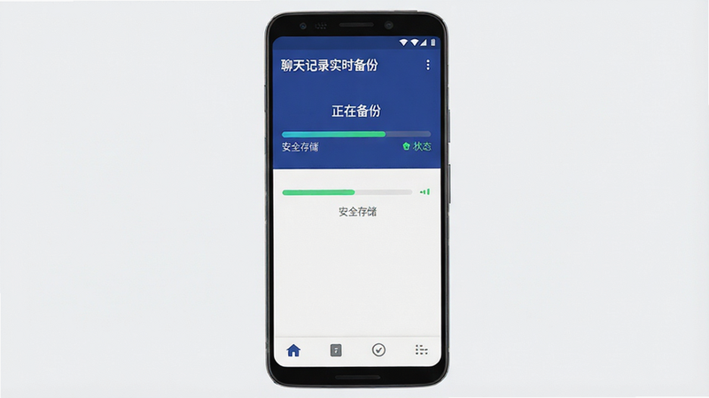 主体为一款名为“聊天记录实时备份”的安卓APP界面展示,布局采用现代扁平化设计,顶部为深蓝色标题栏,中间显示实时备份进度条与状态图标,底部为简洁的功能导航栏,风格清新科技感,细节清晰,画质高清,干净无多余元素,文字包含“正在备份”、“安全存储”