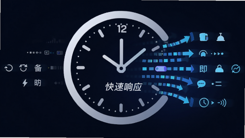 主体为时钟与数据流结合的图标,布局简洁,风格现代,细节展示时间流逝与数据同步,画质高,干净,文字包含“快速备份”、“即时响应”