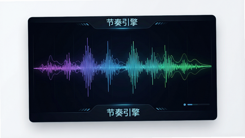 音频波形图界面,主体为动态声波,布局居中,排版简约,风格科技感,细节精致,画质高清,干净背景,文字标注“节奏引擎”