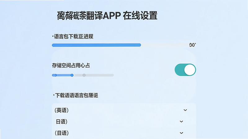 主体为砚语翻译APP的离线设置页面,布局包含语言包下载进度条、存储空间占用显示、开关按钮,排版纵向排列,风格简约实用,细节处显示已下载的语言列表如英语、日语等,文字清晰可读,画质高清,干净无杂乱元素,背景为浅蓝色调