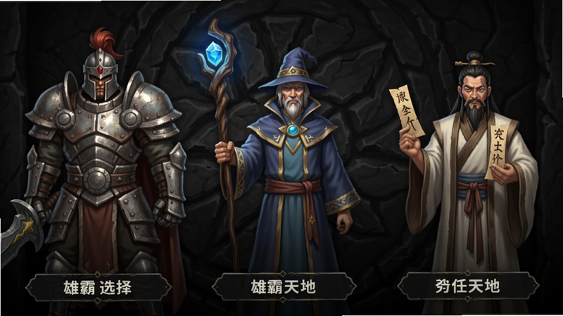 雄霸天地游戏角色选择界面,左侧是身穿重甲的战士,中间是手持法杖的法师,右侧是手持道符的道士,三个角色并排站立,背景为深色纹理,下方有职业名称标签,画面简洁明了,突出职业差异