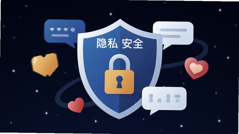 一张以盾牌和锁为核心的插画,背景为深色星空,文字标注“隐私安全”,周围环绕着聊天气泡和心形图案,象征保护情感隐私,风格现代简约,无多余装饰,高清