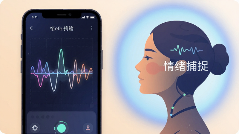 一张科技感与温馨感结合的概念图,左侧为手机屏幕显示情绪波形图,右侧为抽象的女性侧脸剪影,背景为淡蓝色光晕,文字标注“情绪捕捉”,风格扁平化,细节丰富,画质清晰