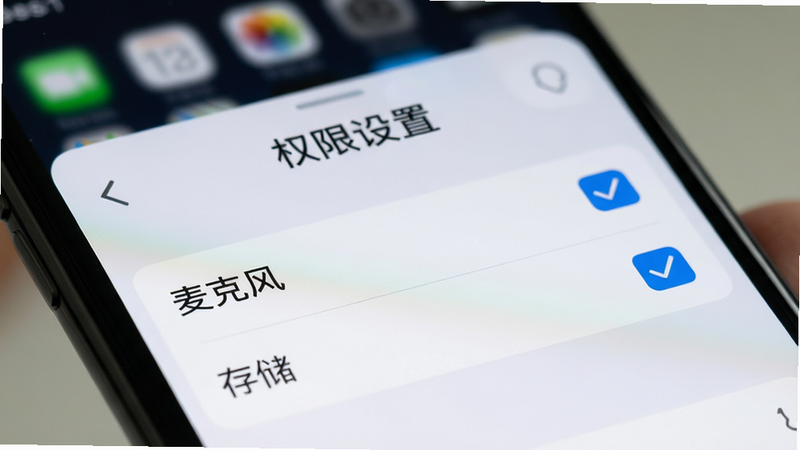 一张手机设置界面的特写图,显示权限管理页面,其中“麦克风”和“存储”权限被勾选,背景虚化,文字清晰标注“权限设置”,风格写实,高分辨率,无水印