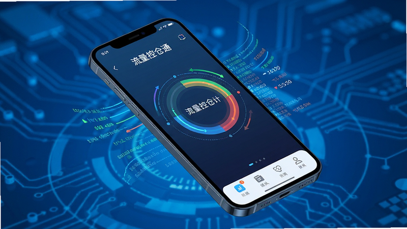 主体为一部悬浮在蓝色科技感背景中的智能手机,屏幕清晰显示“流量控仓通”应用界面,界面中心是一个动态的环形流量统计图表,周围环绕着数据流线条,布局整洁现代,排版清晰,风格为极简科技风,细节包含像素级精确的图标与文字,画质高清,干净无多余元素