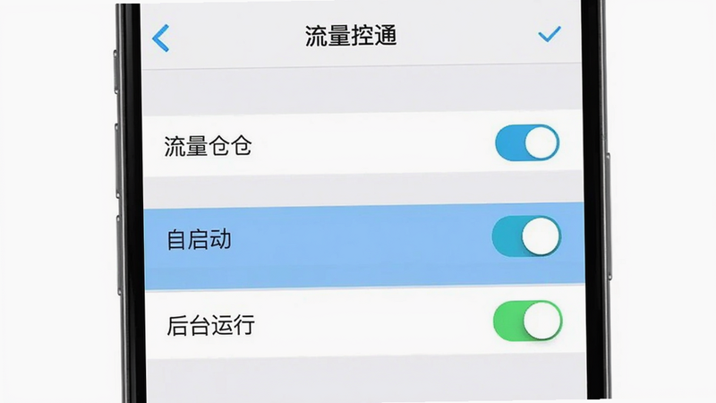 主体为手机设置界面截图,显示“流量控仓通”的权限管理页面,高亮显示“自启动”与“后台运行”选项,布局为垂直列表,风格为iOS/Android混合UI,细节包含勾选框与开关控件,画质清晰,干净