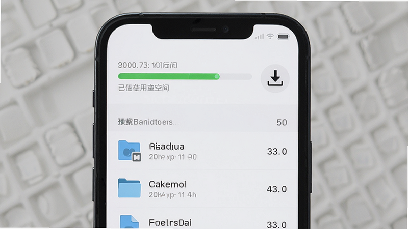 主体为一个手机存储空间管理界面,显示绿色进度条表示已使用空间,旁边有一个向下箭头的下载图标,布局上下结构,排版规整,风格简约UI,细节展示文件列表,画质清晰,干净无干扰