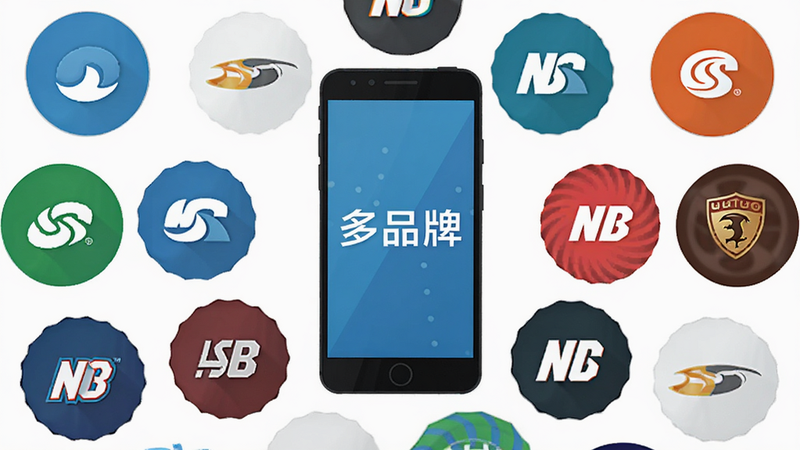 主体为多个空调品牌Logo环绕手机屏幕的示意图,布局中心为手机,周围环绕圆形排列的品牌图标,风格扁平化设计,细节丰富,画质高清,无多余装饰,文字包含