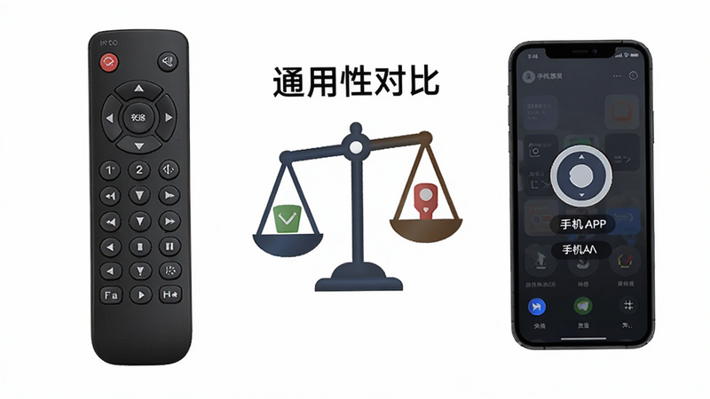 主体为对比实体遥控器和手机APP的示意图,布局左侧为实体遥控器,右侧为手机,中间有天平图标表示对比,风格简约,细节清晰,画质良好,文字包含