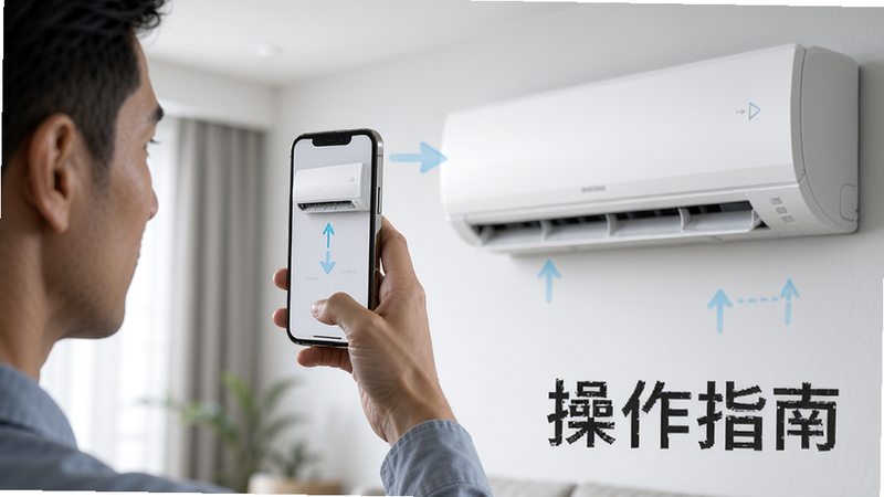 主体为手持手机对准空调的操作示意图,布局为人物侧身站立,手机举至眼前,指向空调,风格写实,细节展示手指握持姿势,画质高清,背景模糊,文字包含
