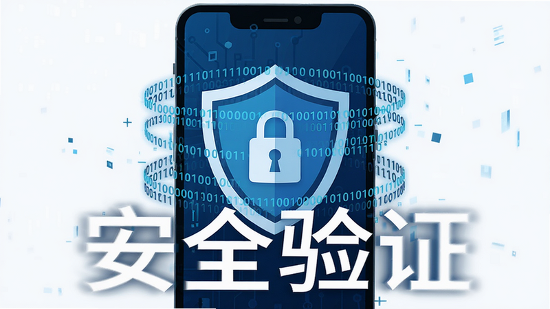 抽象的安全盾牌图标位于手机屏幕中央,盾牌内部有锁头图案,周围环绕着二进制代码流,背景为深蓝色科技风,文字“安全验证”醒目显示,高清渲染,扁平化设计风格,干净无杂乱元素