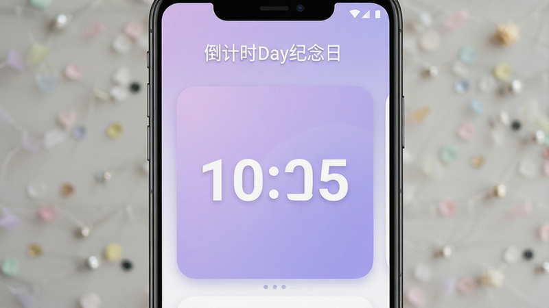 主体为一款名为“倒计时Day纪念日”的安卓手机应用界面展示,布局采用居中卡片式设计,顶部显示软件名称,中间为醒目的数字倒计时区域,背景为柔和的淡紫色渐变,风格清新简约,细节包含圆角矩形卡片和白色文字,画质高清,干净,无多余元素