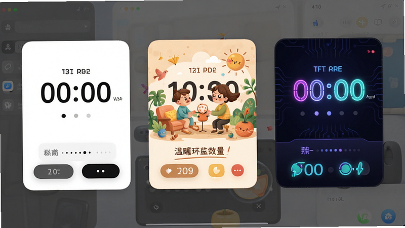 主体为软件主题切换界面,展示三种不同风格的倒计时卡片,分别为极简黑白、温馨插画、科技霓虹,布局横向对比,排版对称,风格多样化,细节体现不同色彩搭配,画质高保真,干净,无多余元素