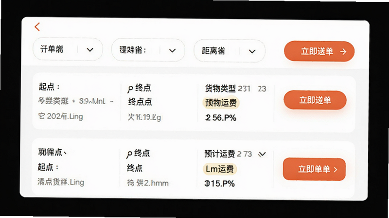 ������˾����APP�Ļ�Դ�б�ҳ�棬չʾ�������˶�����Ϣ��ÿ������������㡢�յ㡢�������͡�Ԥ���˷Ѽ����룬�б��Ϸ���ɸѡ��������������ð�ɫ���������������׶���ͻ����ʾ��������������ť������ִ���Լ���߱���UI���