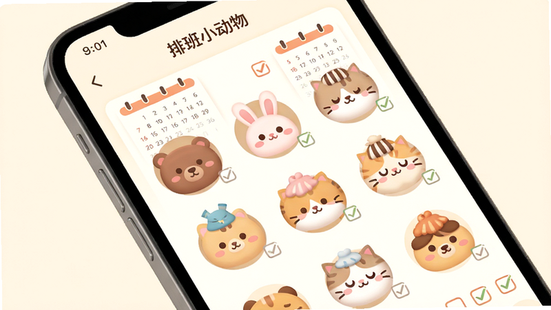 主体为手机屏幕特写,屏幕中显示“排班小动物”应用界面,背景是柔和的米白色,界面上排列着多只圆润可爱的卡通小动物头像,如小熊、兔子、猫咪,它们代表不同的排班任务,周围点缀着简单的日历网格和任务勾选框,整体布局清晰整洁,排版呈现扁平化设计风格,细节丰富且温馨,画质高清,干净,无多余元素