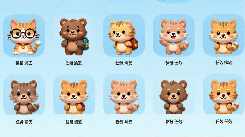 主体为应用内角色选择界面,展示一排排不同姿态的可爱小动物图标,包括戴眼镜的猫、背书包的熊等,背景为淡蓝色渐变,每个图标下方有简短的任务标签,布局呈网格状排列,风格为扁平插画风,细节精致,色彩明亮柔和,画质清晰,干净,无多余元素
