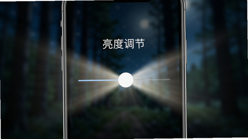 手机屏幕显示亮度调节界面,滑块位于中间位置,周围有光线扩散的视觉特效,文字“亮度调节”清晰可见,背景为模糊的森林夜景,风格写实,主体突出,布局对称,排版清晰,细节精致,画质高清,干净无水印