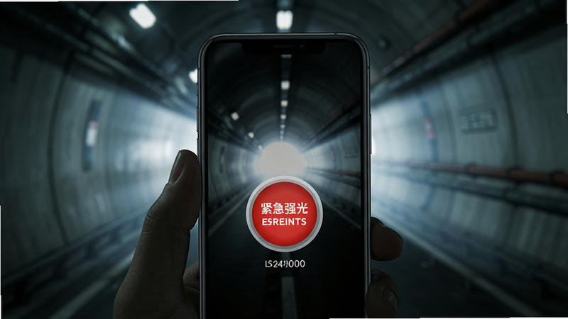 手机屏幕显示红色紧急按钮,文字“紧急强光”醒目,背景为昏暗的隧道内部,光线从手机前方射出,形成光束,风格紧张刺激,主体居中,布局紧凑,排版简洁,细节锐利,画质超清,干净无杂质