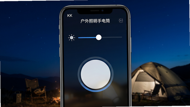 一张高清的手机屏幕特写,背景为深蓝色夜空与帐篷,手机界面显示“户外照明手电筒”APP主页面,中央有一个巨大的圆形按钮,上方有亮度调节滑块,界面简洁现代,风格科技感强,主体清晰,布局居中,排版工整,细节丰富,画质4k,干净无多余元素