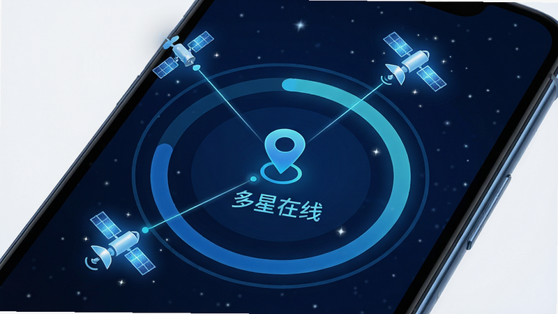 主体为智能手机屏幕特写,显示卫星信号接收状态,布局为环形进度条围绕中心定位点,风格为深空科技蓝,细节包含多颗闪烁的卫星图标连接至手机,文字显示“多星在线”,画质清晰,无多余元素