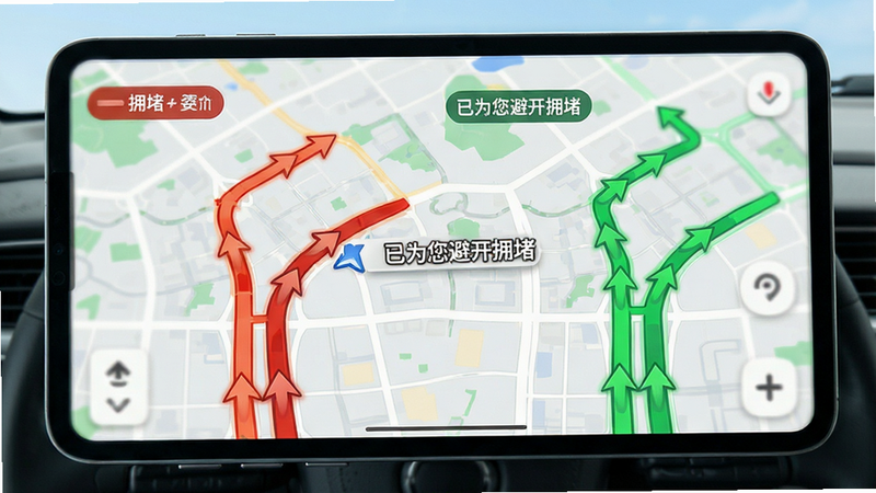 主体为导航地图界面,布局显示两条路线对比,一条红色代表拥堵,一条绿色代表畅通,风格为明亮日间模式,细节包含动态流动的箭头指示方向,文字提示“已为您避开拥堵”,画质细腻,无多余元素
