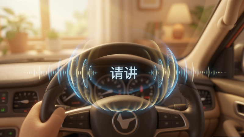 主体为驾驶员视角,布局为方向盘前方悬浮的虚拟语音波圈,风格为温馨居家风,细节包含声波扩散动画,文字显示“请讲”,画质柔和,无多余元素
