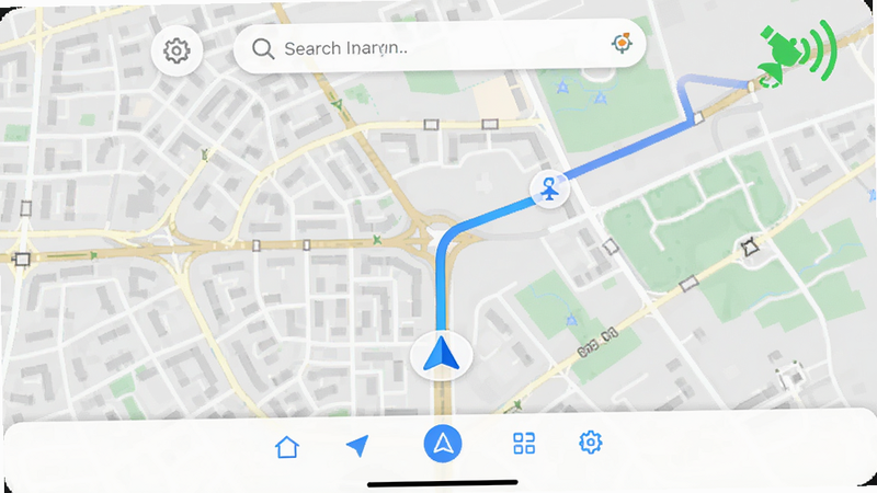 主体为卫星百斗智能导航APP的主界面截图,布局呈现地图居中,顶部有搜索栏,底部有导航按钮,风格为现代简约科技风,细节包含清晰的道路网格、蓝色的导航轨迹线、以及一个代表卫星信号强度的绿色图标,画质高清,干净,无多余元素
