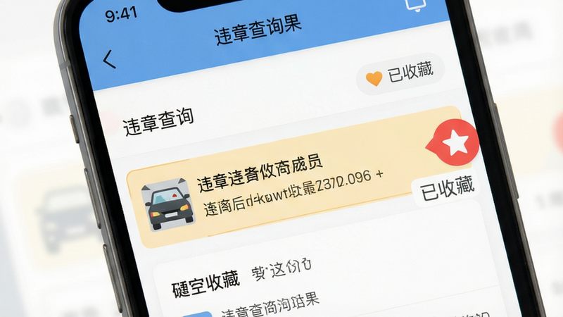 主体为手机屏幕上的违章查询结果页面,高亮显示某一条违章记录,旁边有一个红色的收藏星星图标,布局清晰,风格为扁平化设计,细节包含“已收藏”文字标签,画质高清,干净无多余元素