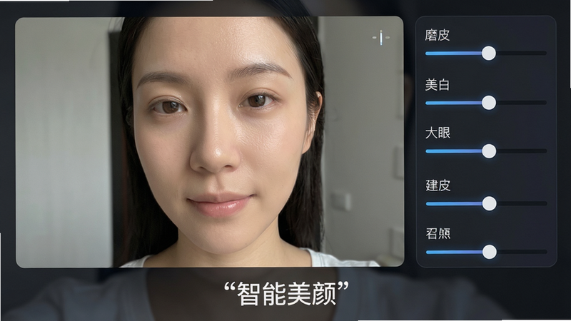 主体为一张自拍人像界面,布局为左侧实时预览窗口,右侧垂直排列美颜参数滑块,包括“磨皮”、“美白”、“大眼”等选项,风格为科技感与美感结合,细节处显示皮肤纹理清晰且平滑,文字“智能美颜”加引号显示在界面底部,画质精细,干净,无多余元素