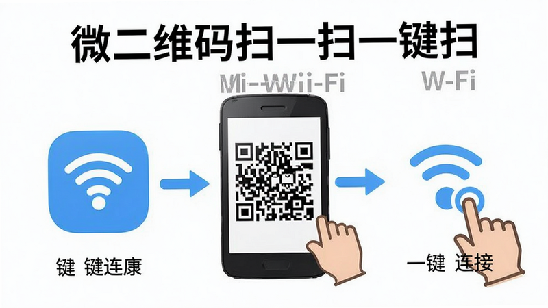 微二维码扫一扫一键扫连接Wi-Fi的操作流程示意图,步骤清晰,图标醒目,文字“微二维码扫一扫一键扫”和“一键连接”清晰可见,风格为教程插画,细节准确,排版有序,画质高清,干净,无多余元素